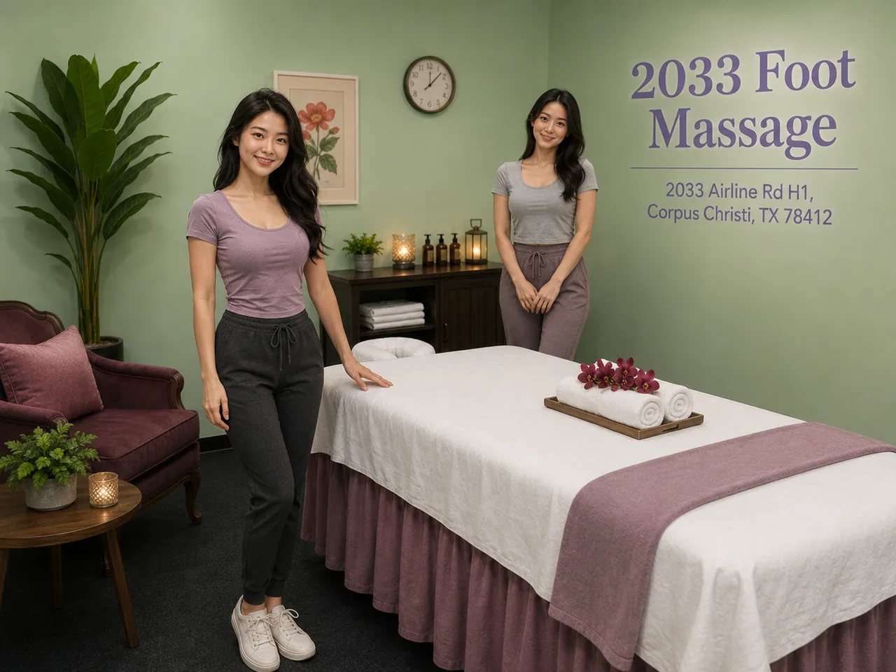 Welcoming massage therapists beside a clean table at 2033 Foot Massage in Corpus Christi TX