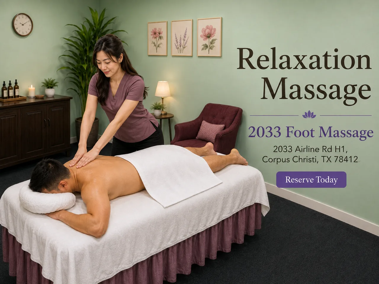 Relaxation massage with slow soothing strokes at 2033 Foot Massage in Corpus Christi TX